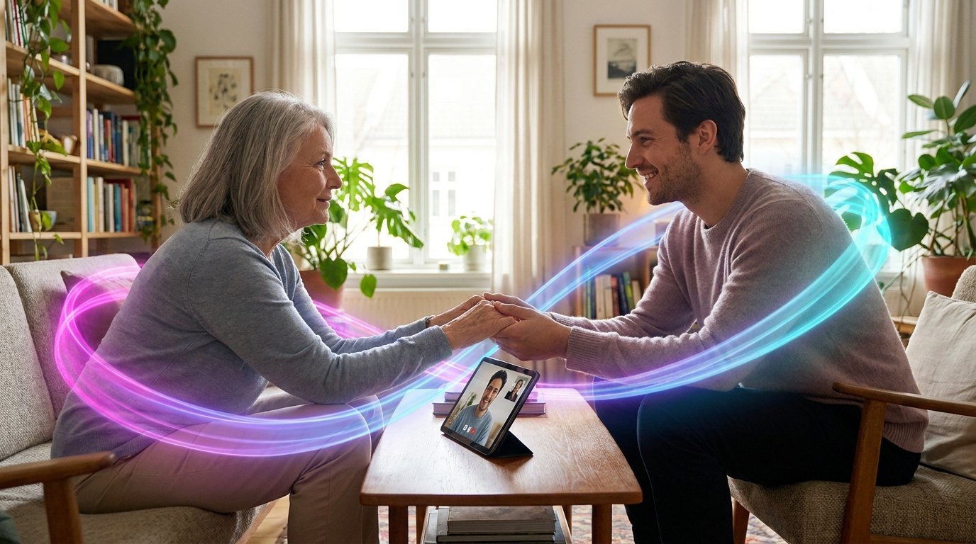 Two people connecting, supported by technology, a sense of community and care