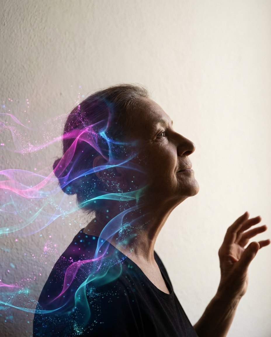 An older woman in profile with flowing ribbons of brand-coloured light, a sense of experience and possibility