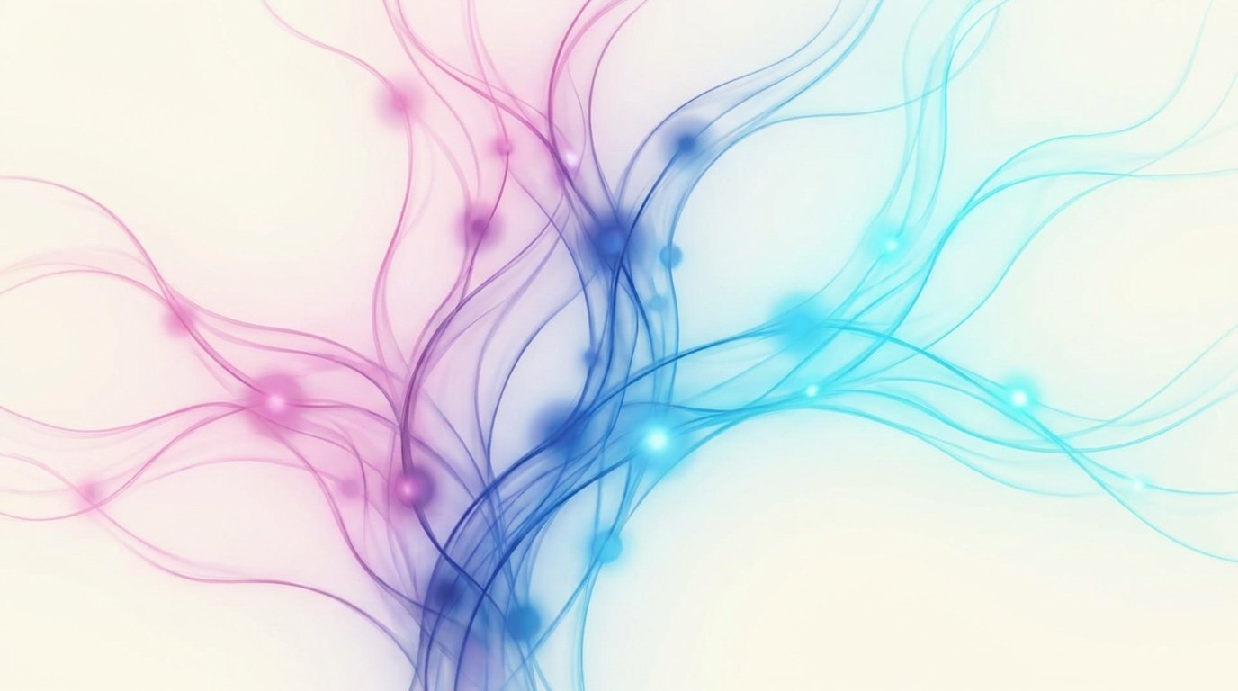 A connected network of glowing nodes in brand gradient colours, representing a joined-up system